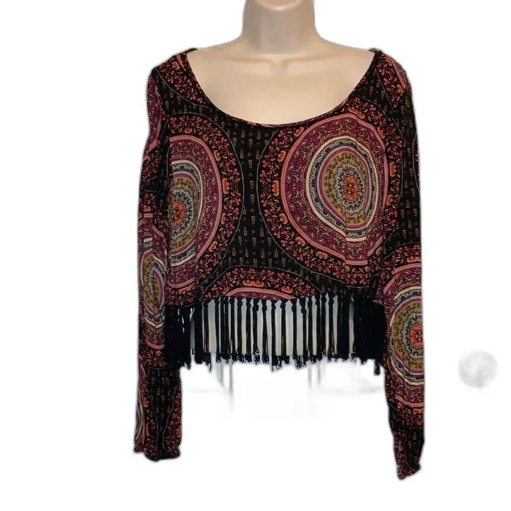GYPSY WARRIOR Fringe Boho Mandala Black Burgundy Crop Top Blouse Large